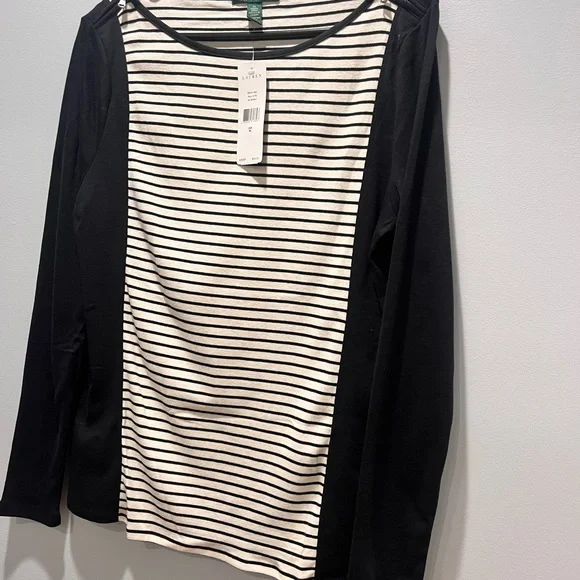 Women's Lauren Ralph Lauren XL /White Black Striped Long Sleeve Shirt Top NWT - Picture 3 of 9